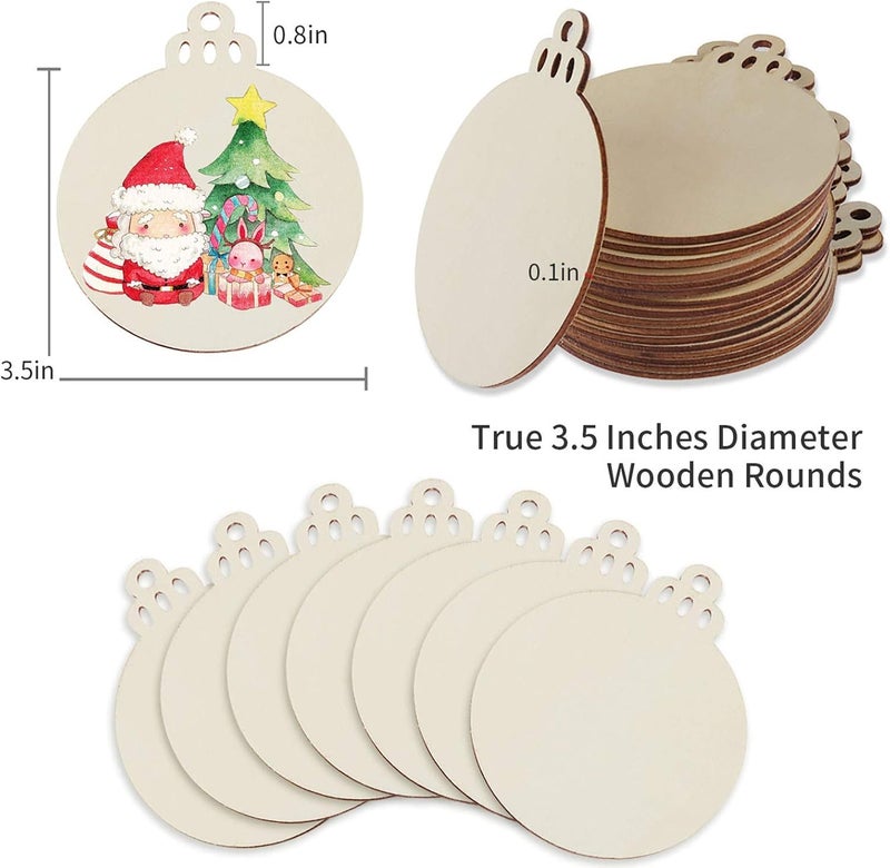 Fuyit 100Pcs 3.5 Inch Wooden Christmas Ornaments Unfinished Wood Slices with Holes, Predrilled Wood Round Circles Blank Discs for DIY Crafts Party Decorations - Image 3